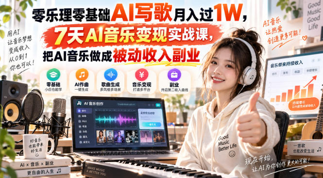 零乐理零基础AI写歌月入过1W,7天AI音乐变现实战课,把AI音乐做成被动收入副业-智富思维学堂
