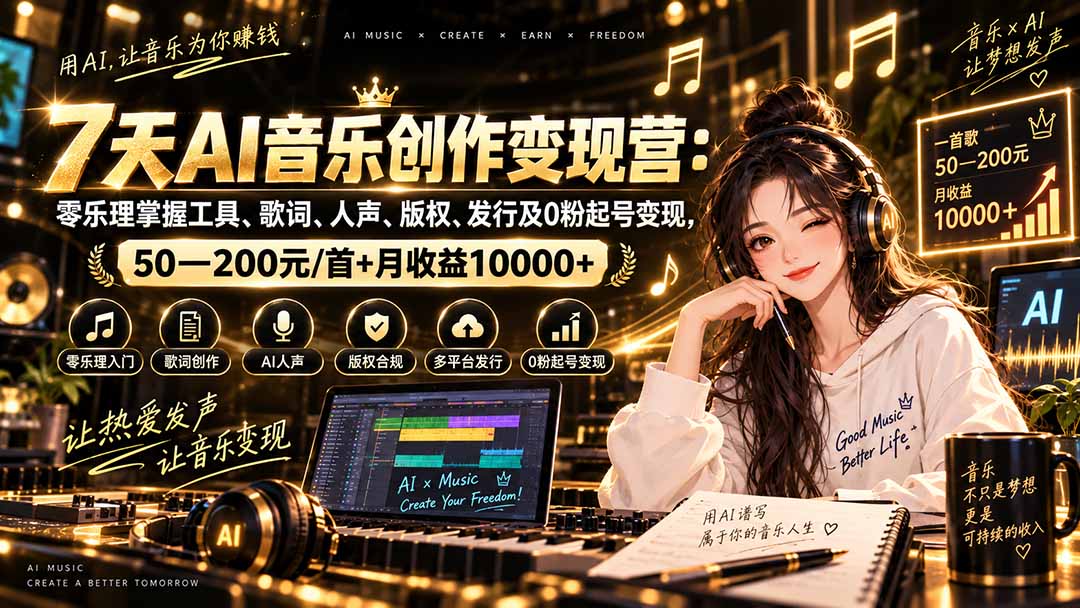 AI音乐创作变现营：零乐理掌握工具、歌词、人声、版权、发行及0粉起号变现，50—200元/首+月收益10000+-智富思维学堂