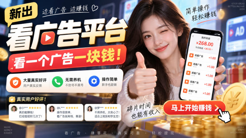 新出看广告平台，看一个广告一块钱，大量真实好评！无需养机、不会黑号，操作简单【揭秘】-智富思维学堂