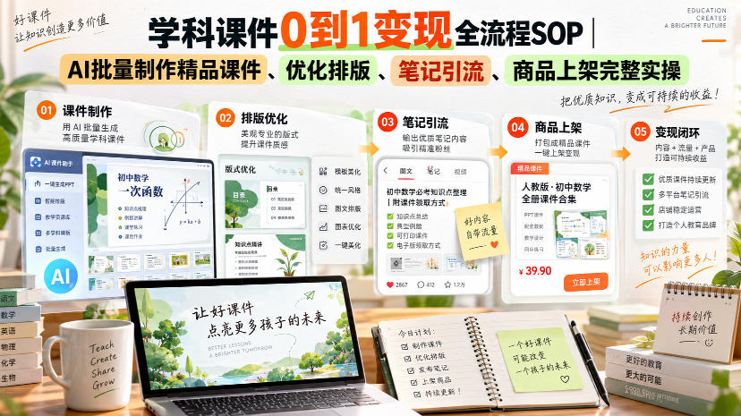 学科课件0到1变现全流程SOP｜AI批量制作精品课件、优化排版、笔记引流、商品上架完整实操​-智富思维学堂