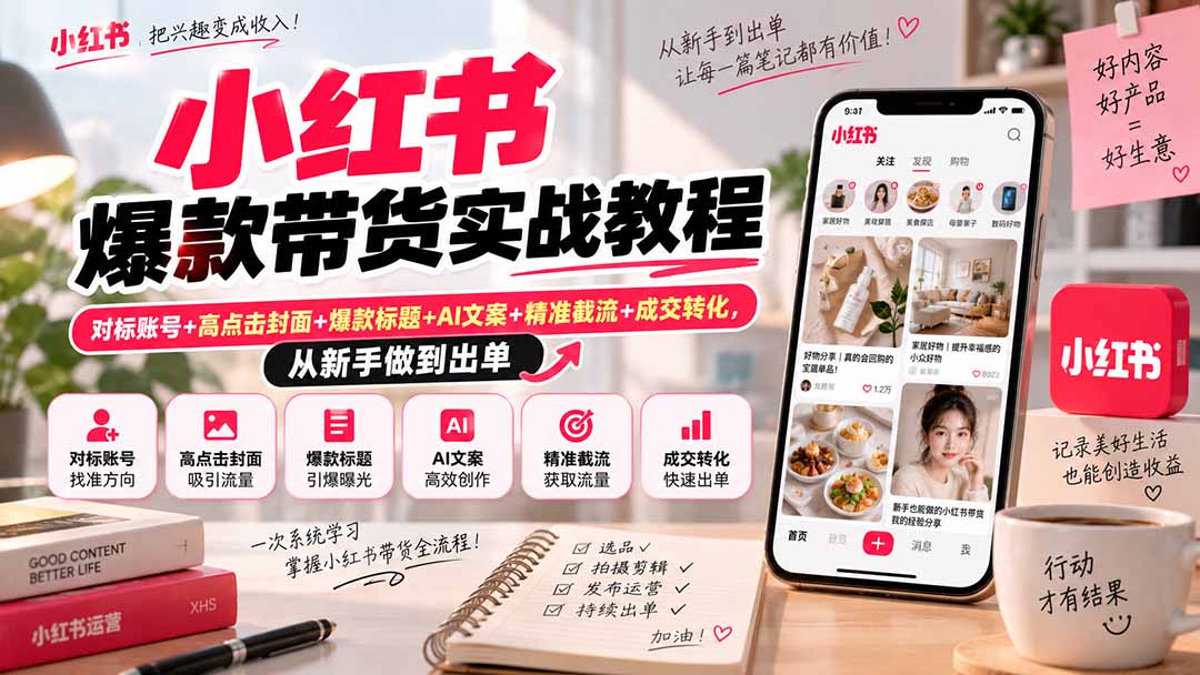小红书爆款带货实战教程|对标账号+高点击封面+爆款标题+AI文案+精准截流+成交转化,从新手做到出单-智富思维学堂