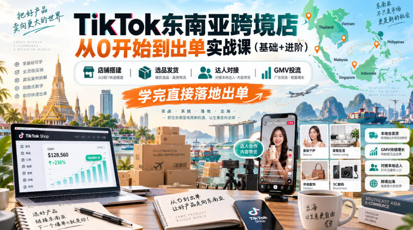 TikTok东南亚跨境店从0开始到出单实战课(基础+进阶)，店铺搭建、选品发货、达人对接、GMV投流，学完直接落地出单-智富思维学堂