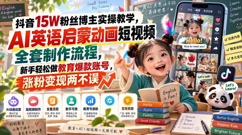 抖音15W粉丝博主实操教学,AI英语启蒙动画短视频全套制作流程,新手轻松做教育爆款账号,涨粉变现两不误-智富思维学堂