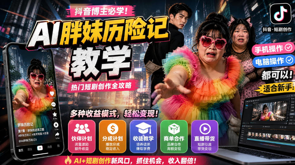 抖音博主的AI胖妹历险记教学,伙伴计划+分成计划+收徒+商单等多种收益,适合新手,手机电脑都可以操作-智富思维学堂