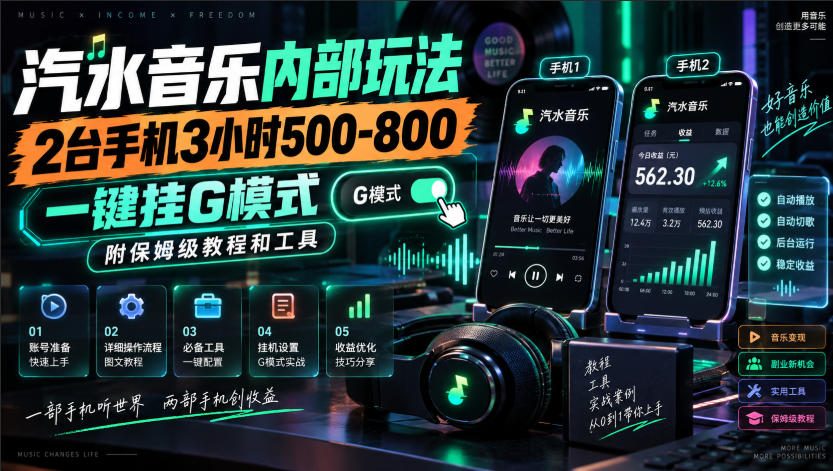 汽水音乐内部玩法,2台手机3小时500-800,一键挂G模式,附保姆级教程和工具【揭秘】-智富思维学堂