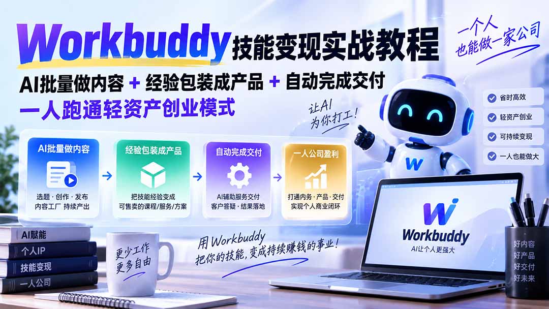 Workbuddy技能变现实战教程：AI批量做内容+经验包装成产品+自动完成交付，一人跑通轻资产创业模式-智富思维学堂