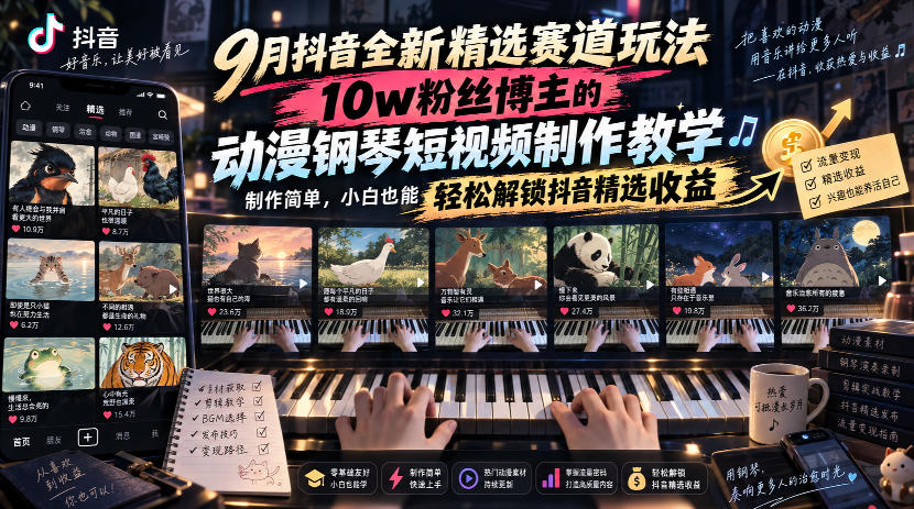 9月抖音全新精选赛道玩法,10w粉丝博主的动漫钢琴短视频制作教学,制作简单,小白也能轻松解锁抖音精选收益-智富思维学堂