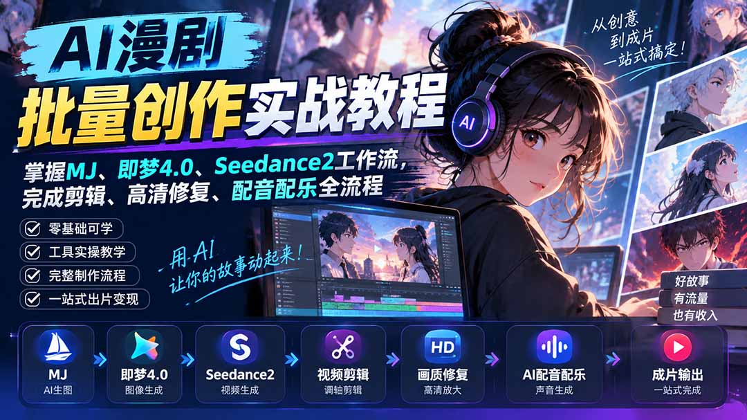 AI漫剧批量创作实战教程：掌握MJ、即梦4.0、Seedance2工作流，完成剪辑、高清修复、配音配乐全流程-智富思维学堂