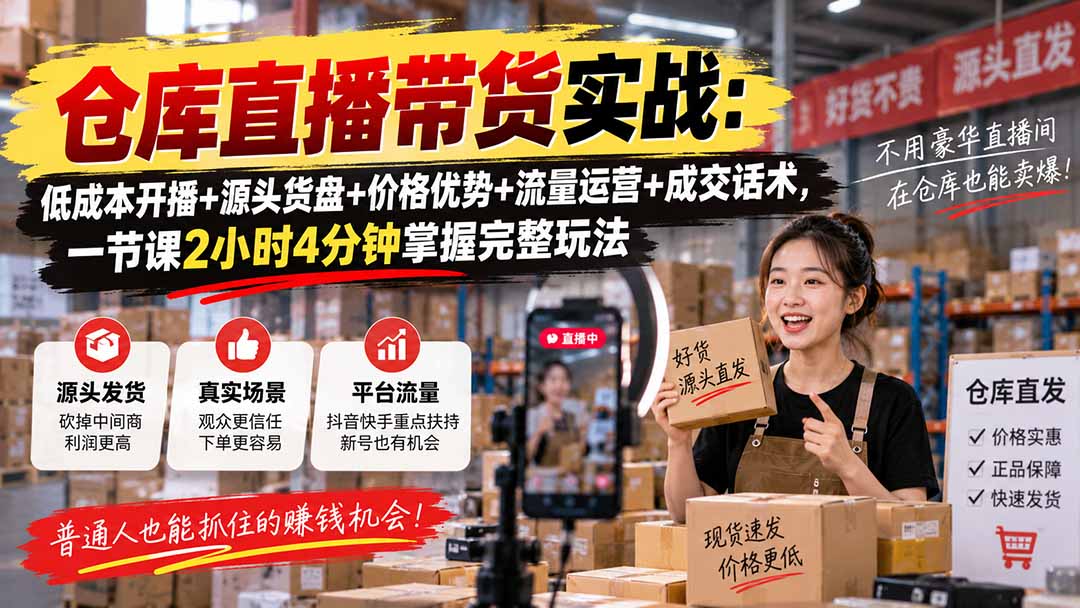 仓库直播带货实战:低成本开播+源头货盘+价格优势+流量运营+成交话术,一节课2小时4分钟掌握完整玩法-智富思维学堂
