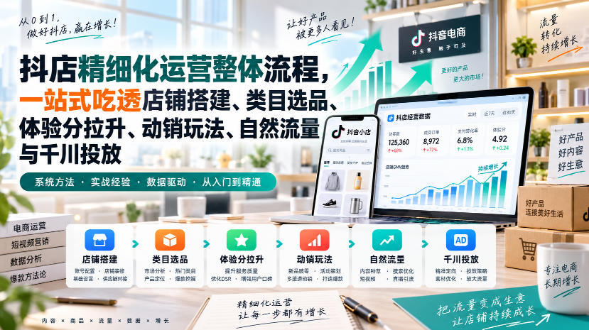 李哥电商-抖店精细化运营整体流程,一站式吃透店铺搭建、类目选品、体验分拉升、动销玩法、自然流量与千川投放-智富思维学堂