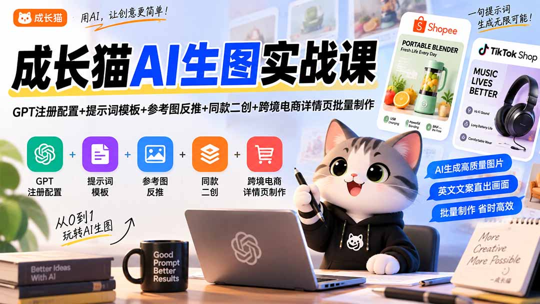 成长猫AI生图实战课|GPT注册配置+提示词模板+参考图反推+同款二创+跨境电商详情页批量制作-智富思维学堂