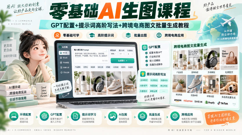 零基础AI生图课程，GPT配置+提示词高阶写法+跨境电商图文批量生成教程-智富思维学堂