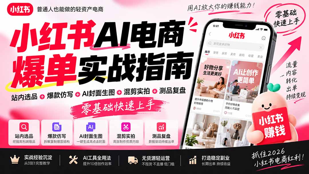 2026小红书AI电商爆单实战指南：站内选品+爆款仿写+AI封面生图+混剪实拍+测品复盘，零基础快速上手-智富思维学堂