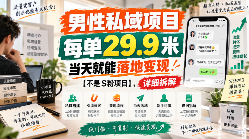 男性私域项目，每单29.9米，当天就能落地变现【不是S粉项目】，详细拆解-智富思维学堂