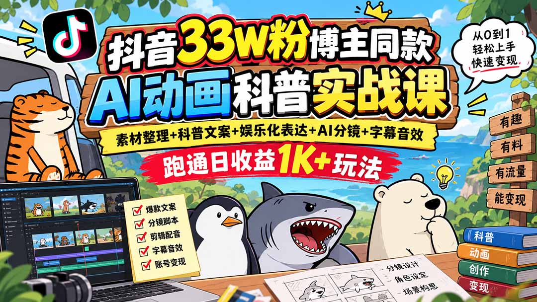 抖音33W粉博主同款AI动画科普实战课|素材整理+科普文案+娱乐化表达+AI分镜+字幕音效,跑通日收益1K+玩法-智富思维学堂