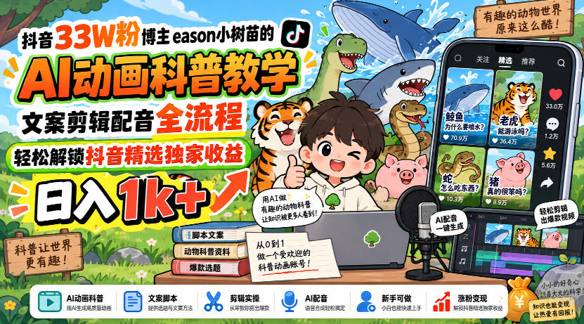 抖音33W粉博主eason小树苗的AI动画科普教学,文案剪辑配音全流程,轻松解锁抖音精选独家收益,日入1k+-智富思维学堂