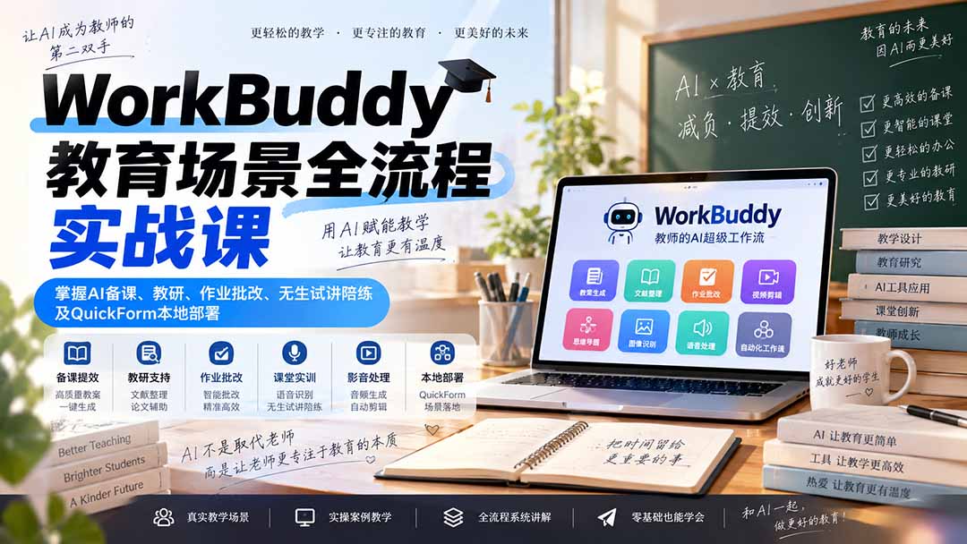 WorkBuddy教育场景全流程实战课：掌握AI备课、教研、作业批改、无生试讲陪练及QuickForm本地部署-智富思维学堂