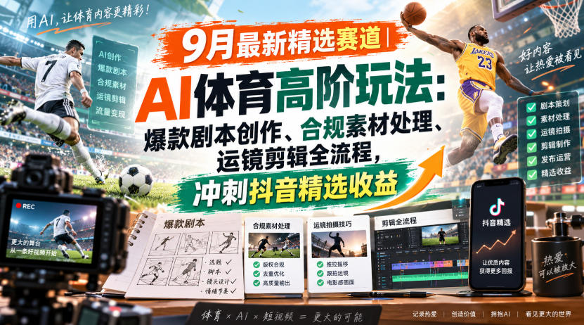 某大佬的9月最新精选赛道之AI体育顶级玩法，爆款剧本创作、版权规避、运镜剪辑全流程，稳拿抖音精选收益-智富思维学堂
