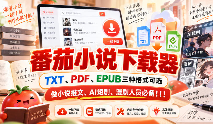 番茄小说下载器，TXT、PDF、EPUB三种格式可选，做小说推文、AI短剧、漫剧人员必备！！！-智富思维学堂