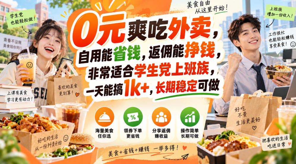 0元爽吃外卖,自用能省钱,返佣能挣钱,非常适合学生党上班族,一天能搞1k+,长期稳定可做-智富思维学堂