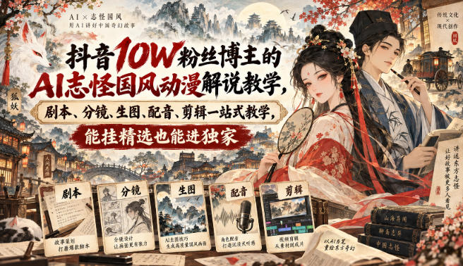 抖音10W粉丝博主满堂诡事的AI志怪国风动漫解说教学,剧本、分镜、生图、配音、剪辑一站式教学,能挂精选也能进独家-智富思维学堂