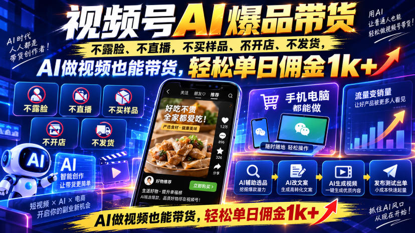 视频号Ai爆品带货,不露脸、不直播、不买样品、不开店、不发货,AI做视频也能带货,轻松单日佣金1k+-智富思维学堂