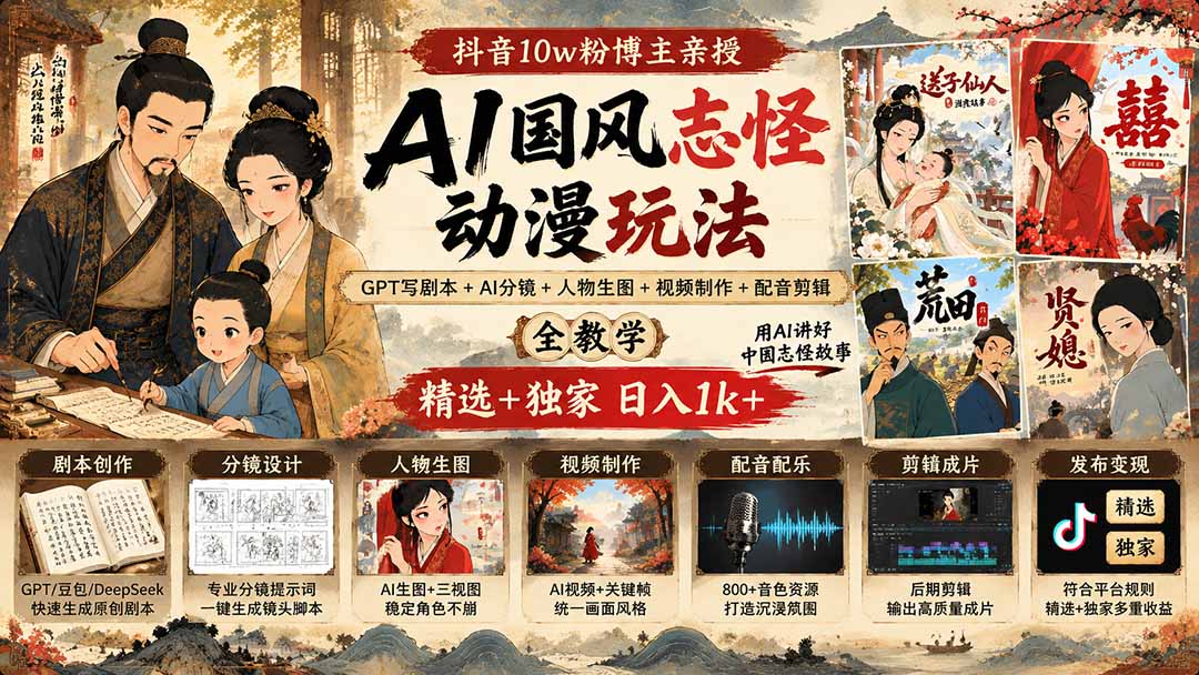 抖音10w粉博主亲授AI国风志怪动漫玩法｜GPT写剧本+AI分镜+人物生图+视频制作+配音剪辑全教学｜精选+独家日入1k+-智富思维学堂