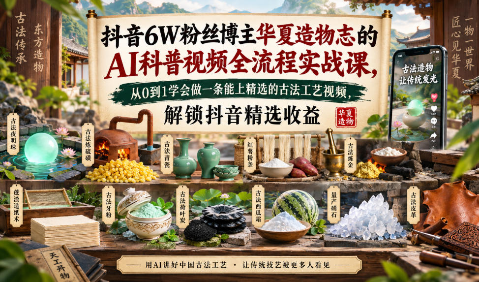 抖音6W粉丝博主华夏造物志的AI科普视频全流程实战课,从0到1学会做一条能上精选的古法工艺视频,解锁抖音精选收益-智富思维学堂