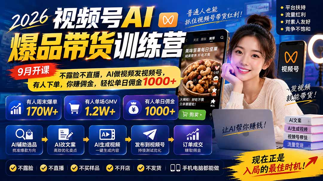 2026视频号AI爆品带货训练营-9月开课|不露脸不直播,AI做视频发视频号,有人下单,你赚佣金,轻松单日佣金1000+-智富思维学堂