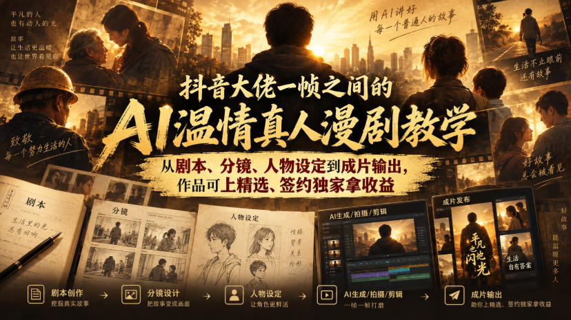 抖音大佬一帧之间的AI温情真人漫剧教学,从剧本、分镜、人物设定到成片输出,作品可上精选、签约独家拿收益-智富思维学堂