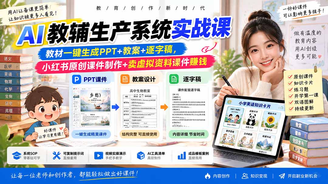 AI教辅生产系统实战课｜教材一键生成PPT+教案+逐字稿，小红书原创课件制作+卖虚拟资料课件赚钱-智富思维学堂