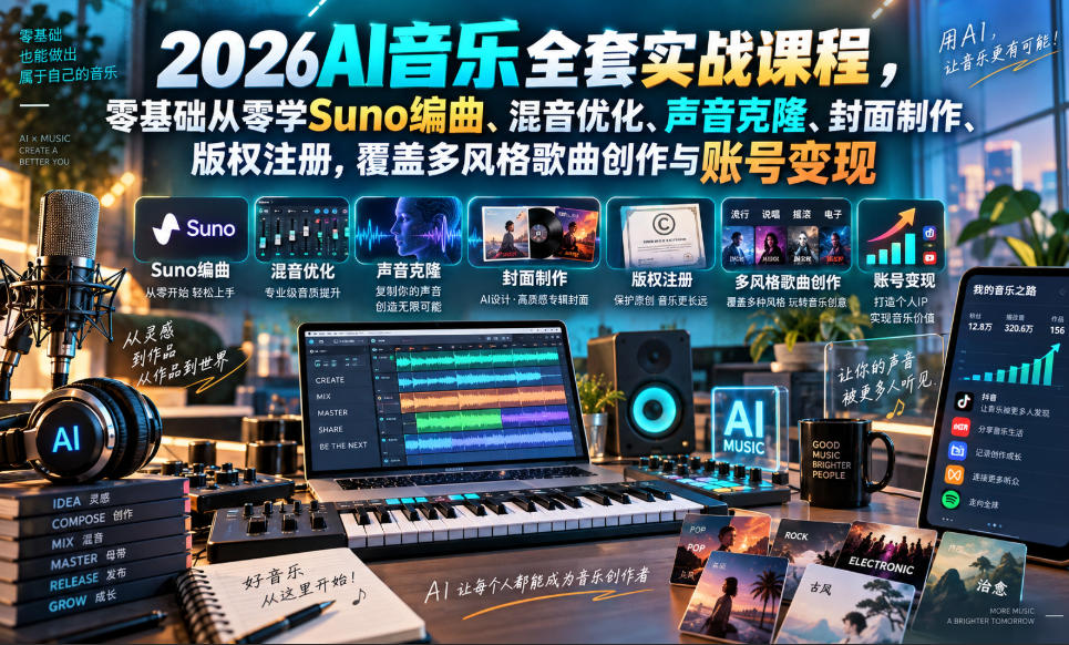 2026AI音乐实战课程,零基础从零学Suno编曲、混音优化、声音克隆、版权注册,覆盖多风格歌曲创作与账号变现-智富思维学堂