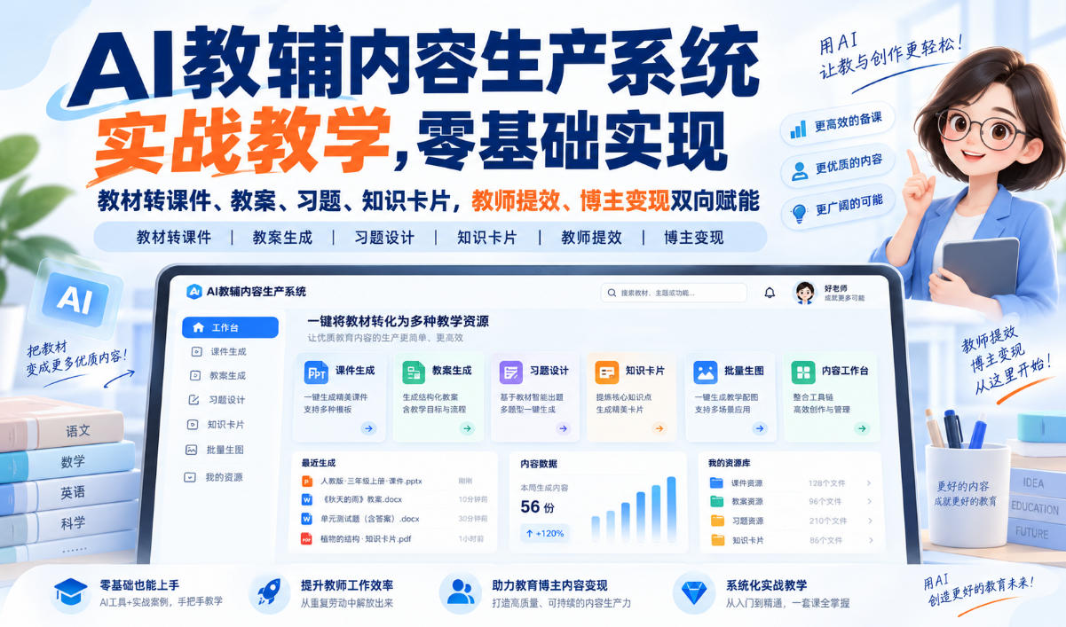 AI教辅内容生产系统实战教学,零基础实现教材转课件、教案、习题、知识卡片,教师提效、博主变现双向赋能-智富思维学堂