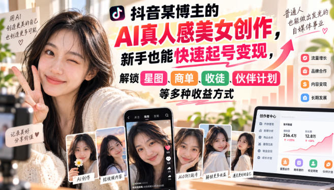 抖音某博主的AI真人感美女创作,新手也能快速起号变现,解锁星图,商单,收徒,伙伴计划等多种收益方式