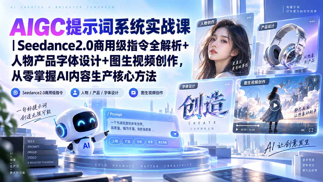 AIGC提示词系统实战课-无水印|Seedance2.0商用级指令全解析+人物产品字体设计+图生视频创作,掌握AI内容生产方法-智富思维学堂
