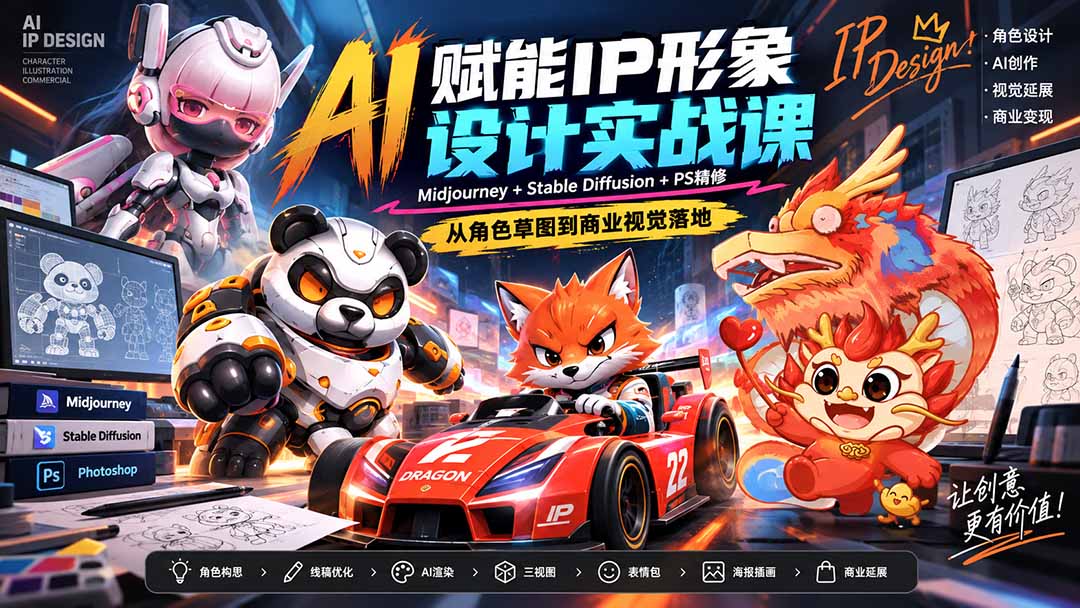 AI赋能IP形象设计实战课-无水印：Midjourney+Stable Diffusion+PS精修，从角色草图到商业视觉落地-智富思维学堂