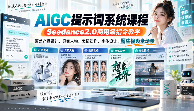 AIGC提示词系统课程,Seedance2.0商用级指令教学,覆盖产品设计、真实人物、表情动作、字体设计、图生视频全场景-智富思维学堂