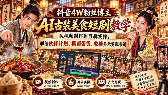 抖音4W粉丝博主AI古装美食短剧教学,从视频制作到剪辑实操,解锁伙伴计划、橱窗带货、收徒多元变现渠道-智富思维学堂
