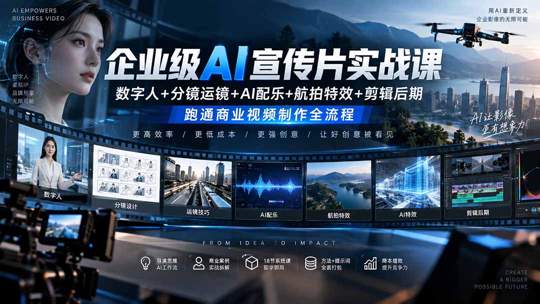 图片[2]-企业级AI宣传片实战课｜数字人+分镜运镜+AI配乐+航拍特效+剪辑后期，跑通商业视频制作全流程-智富思维学堂