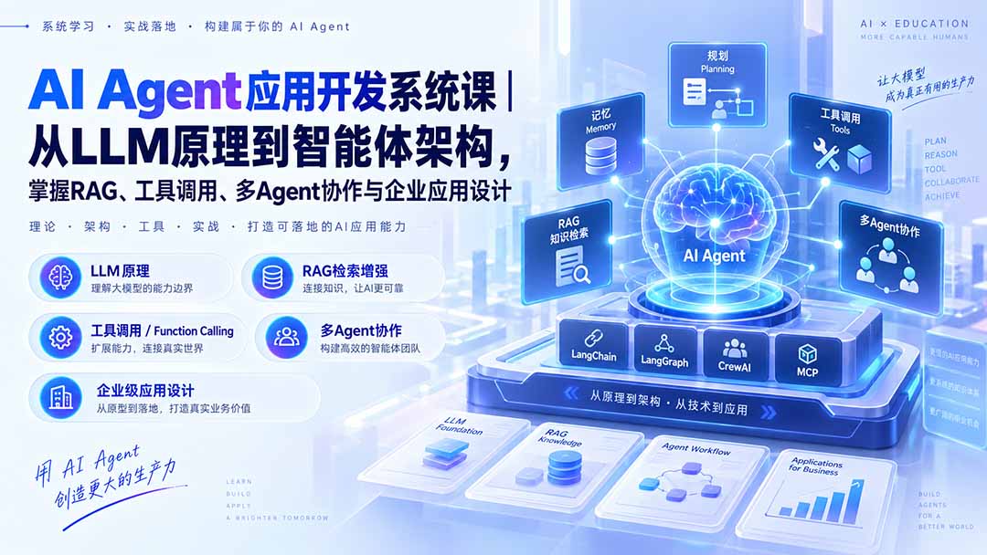 AI Agent应用开发系统课-179节|从LLM原理到智能体架构,掌握RAG、工具调用、多Agent协作与企业应用设计-智富思维学堂