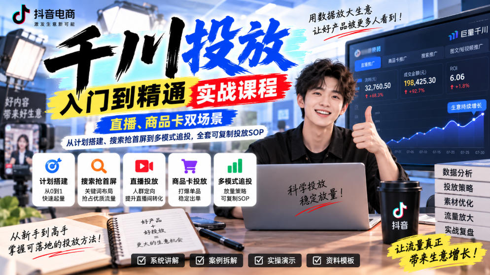 千川投放入门到精通实战课程,直播、商品卡双场景,从计划搭建、搜索抢首屏到多模式追投,全套可复制投放SOP-智富思维学堂