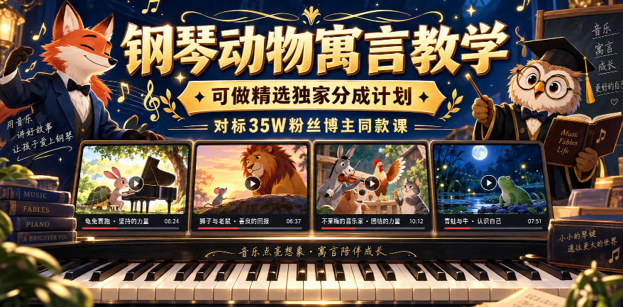 钢琴动物寓言教学,可做精选独家分成计划,对标35W粉丝博主同款课-智富思维学堂