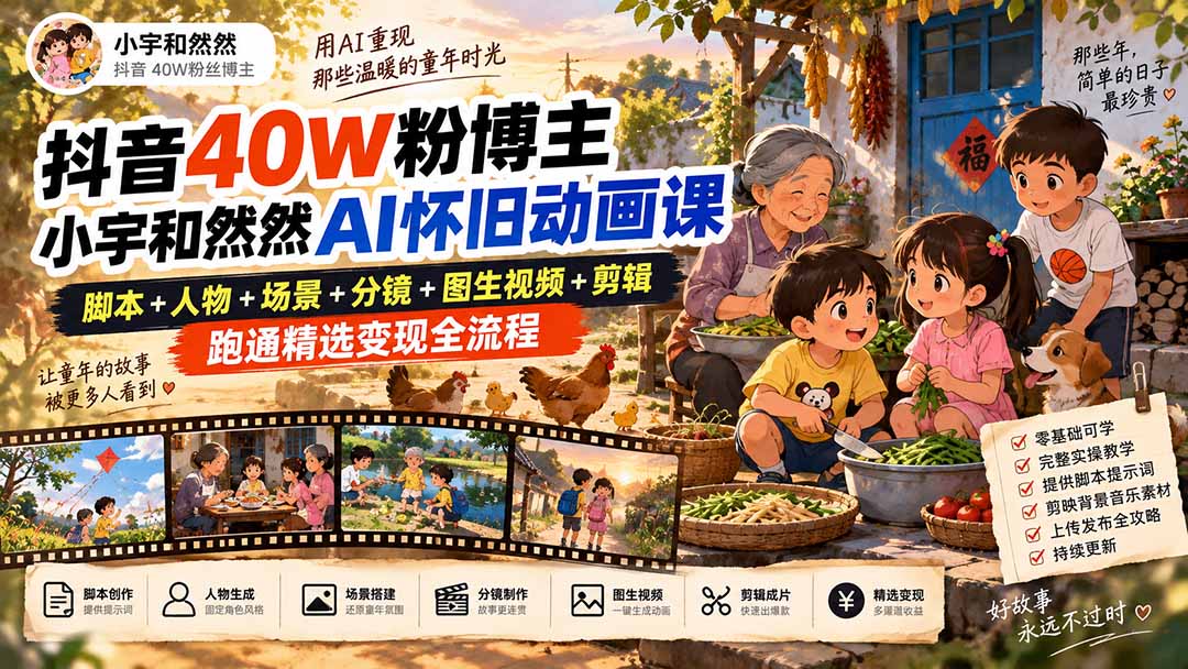 图片[2]-抖音40W粉博主小宇和然然AI怀旧动画课｜脚本+人物+场景+分镜+图生视频+剪辑，跑通精选变现全流程-智富思维学堂