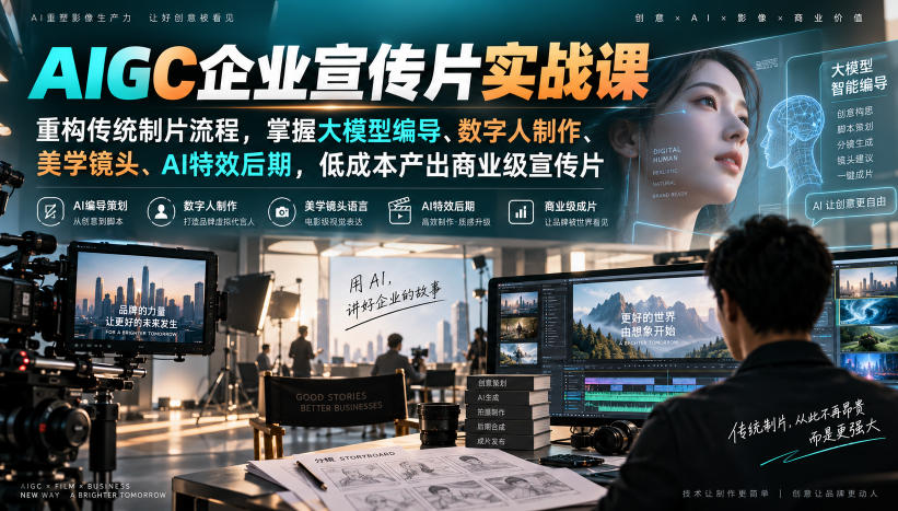AIGC企业宣传片实战课,重构传统制片流程,掌握大模型编导、数字人制作、美学镜头、AI特效后期,低成本产出商业级宣传片-智富思维学堂