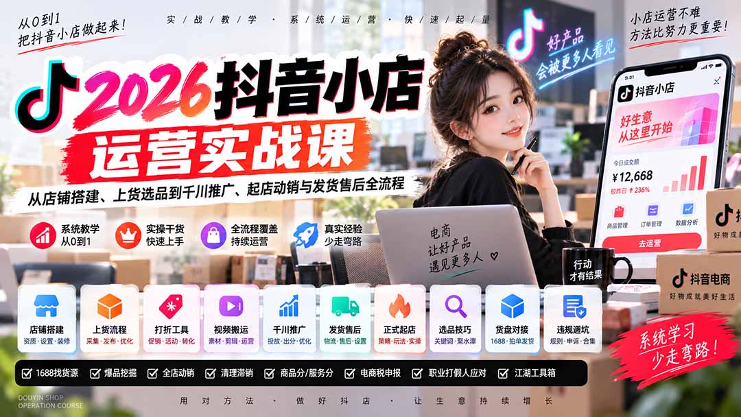 2026抖音小店运营实战课｜从店铺搭建、上货选品到千川推广、起店动销与发货售后全流程-智富思维学堂