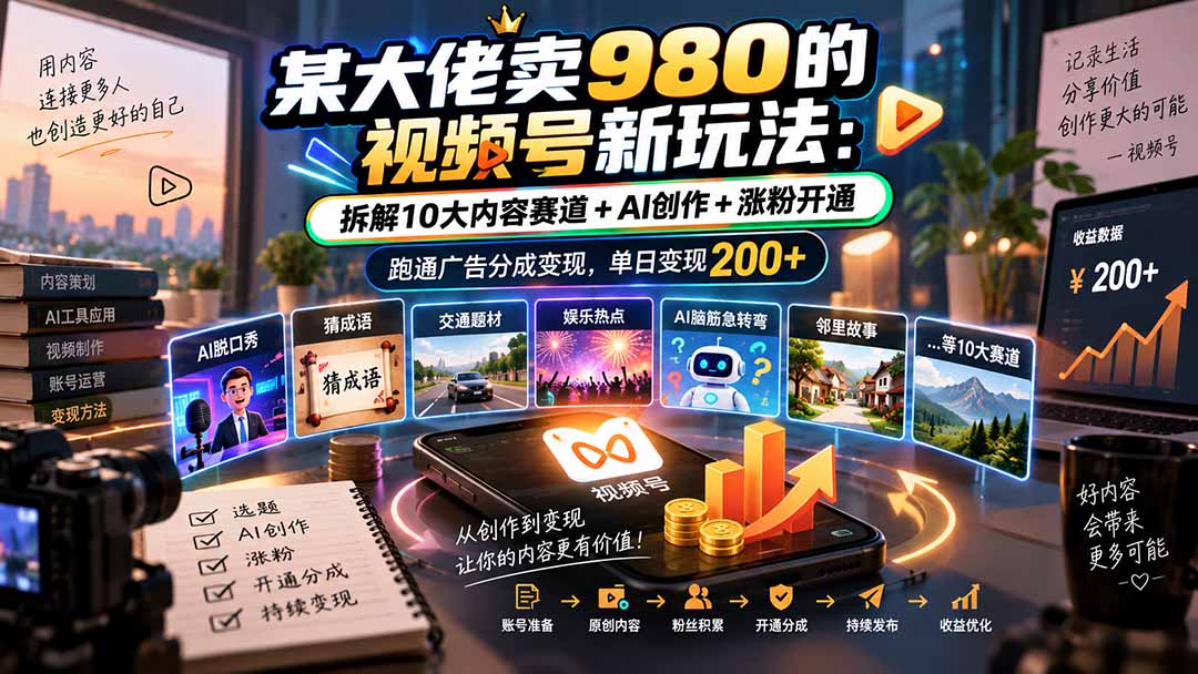 某大佬卖980的视频号新玩法:拆解10大内容赛道+AI创作+涨粉开通,跑通广告分成变现,单日变现200+-智富思维学堂