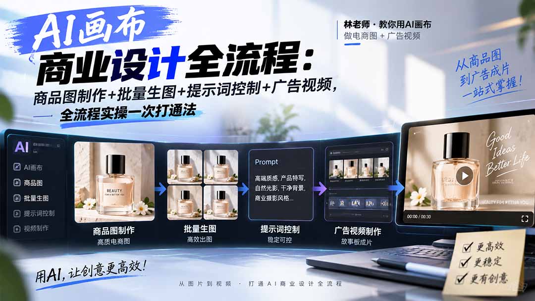 AI画布商业设计全流程:商品图制作+批量生图+提示词控制+广告视频,全流程实操一次打通法-智富思维学堂