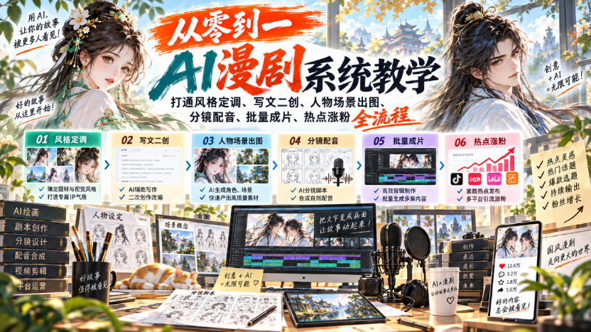 从零到一AI漫剧系统教学,打通风格定调、写文二创、人物场景出图、分镜配音、批量成片、热点涨粉全流程-智富思维学堂