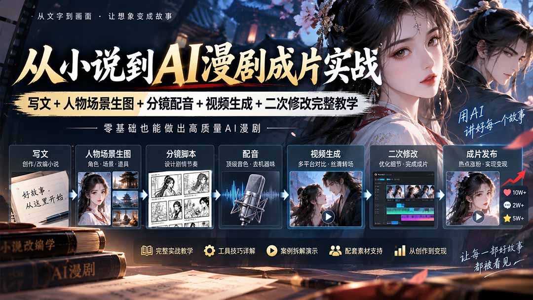 从小说到AI漫剧成片实战：写文+人物场景生图+分镜配音+视频生成+二次修改完整教学-智富思维学堂