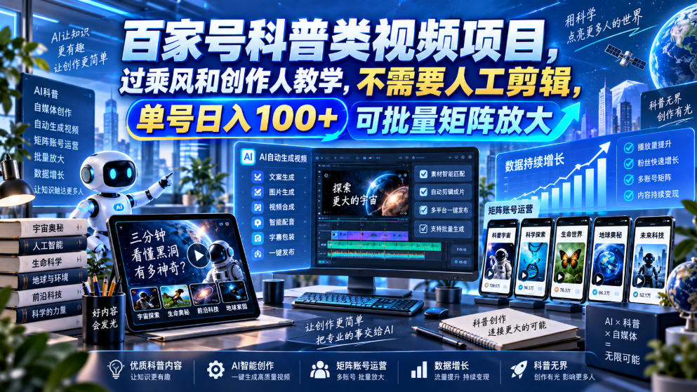 百家号科普类视频项目,过乘风和创作人教学,不需要人工剪辑,单号日入100+可批量矩阵放大-智富思维学堂